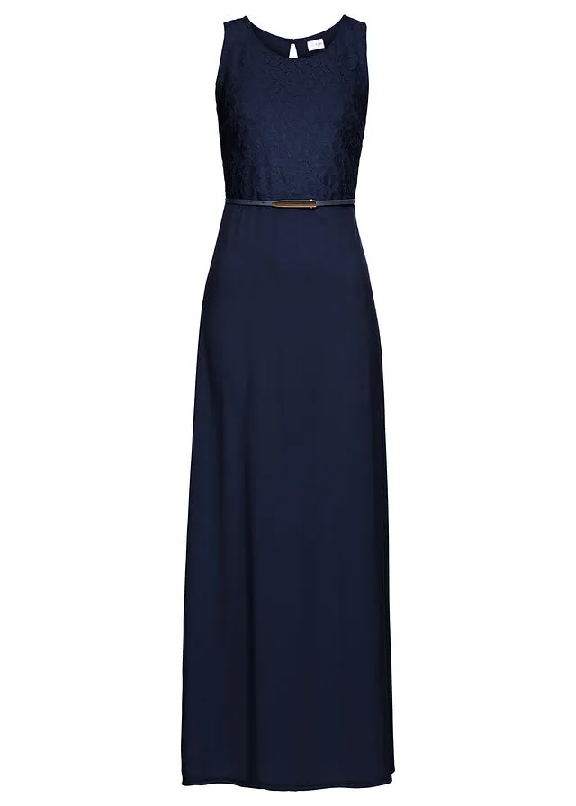Vestido largo de noche con cinturón (conjunto de 2 unidades) Azul marino